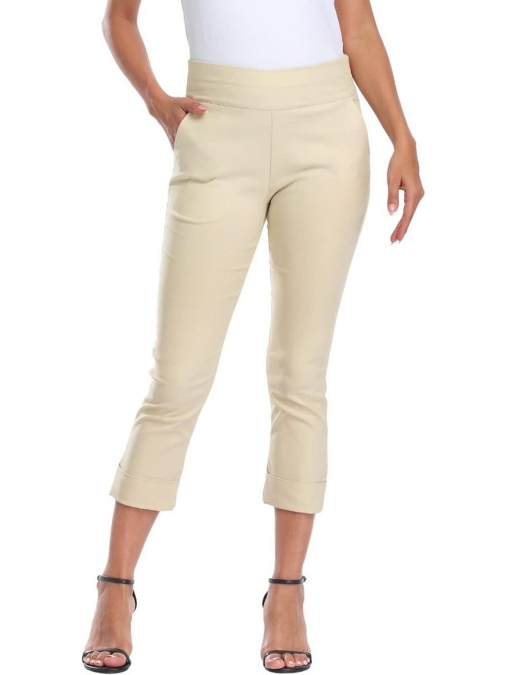 Women's Capri Pants with Pockets - Elastic Waist Cropped Work Trousers